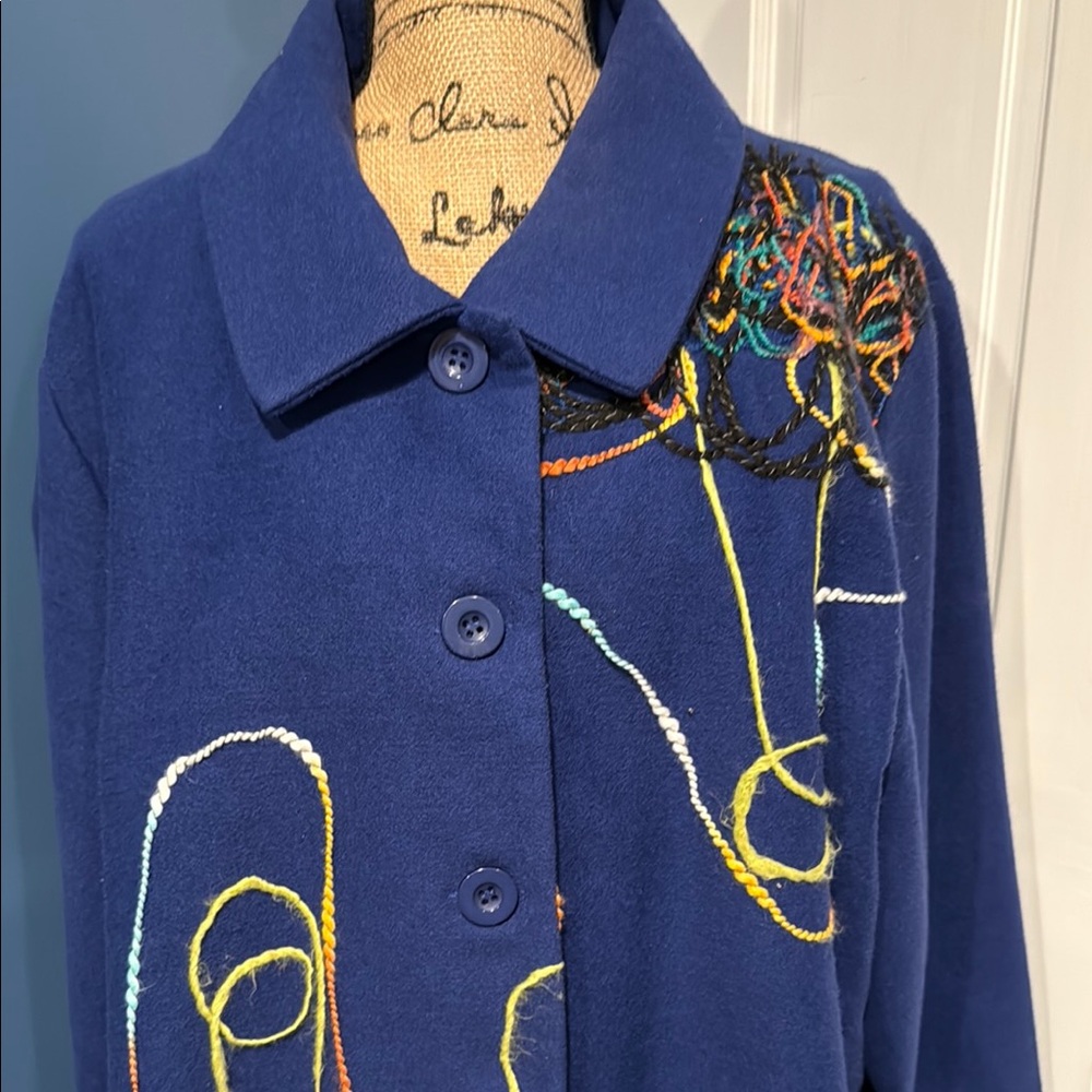 Blue Button-Up Jacket with Colorful Embroidery - Picture 3 of 6